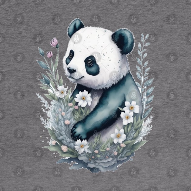 Panda bear around Flowers: Scattered Watercolor in Pastel Colors. by General Corner